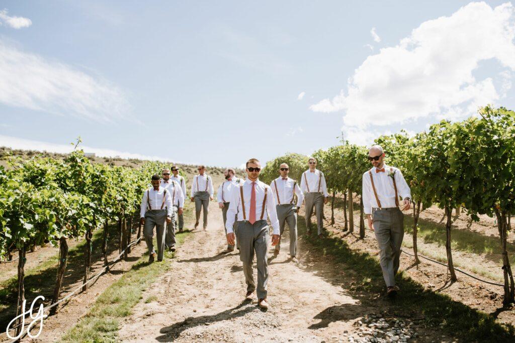 A group of nine men in formal attire, with white shirts and red suspenders, walk through a vineyard on a sunny day.