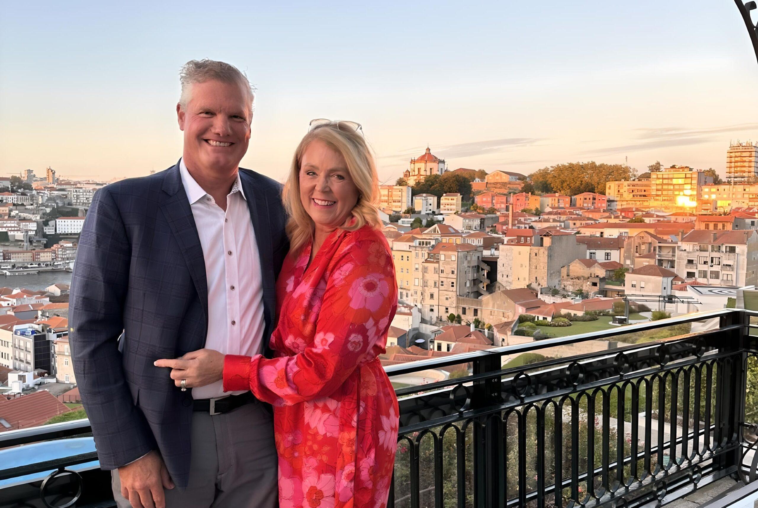 Couple on deck in European city